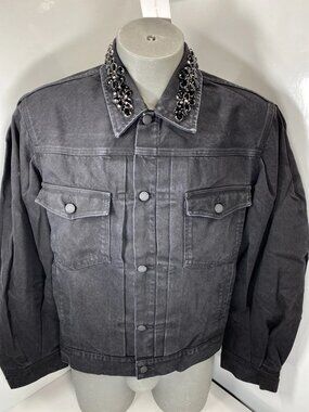 NEW SIMONE ROCHA Mens Jacket Black SizeL Puff Sleeve Rhinestone Heavy Denim Coat